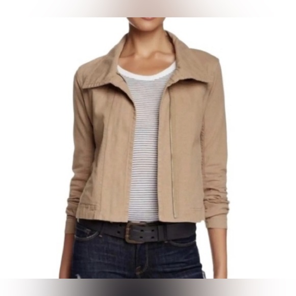 James Perse Asymmetric Stretch Panel Moto Jacket Cotton Blend Khaki Tan Large - Picture 1 of 16